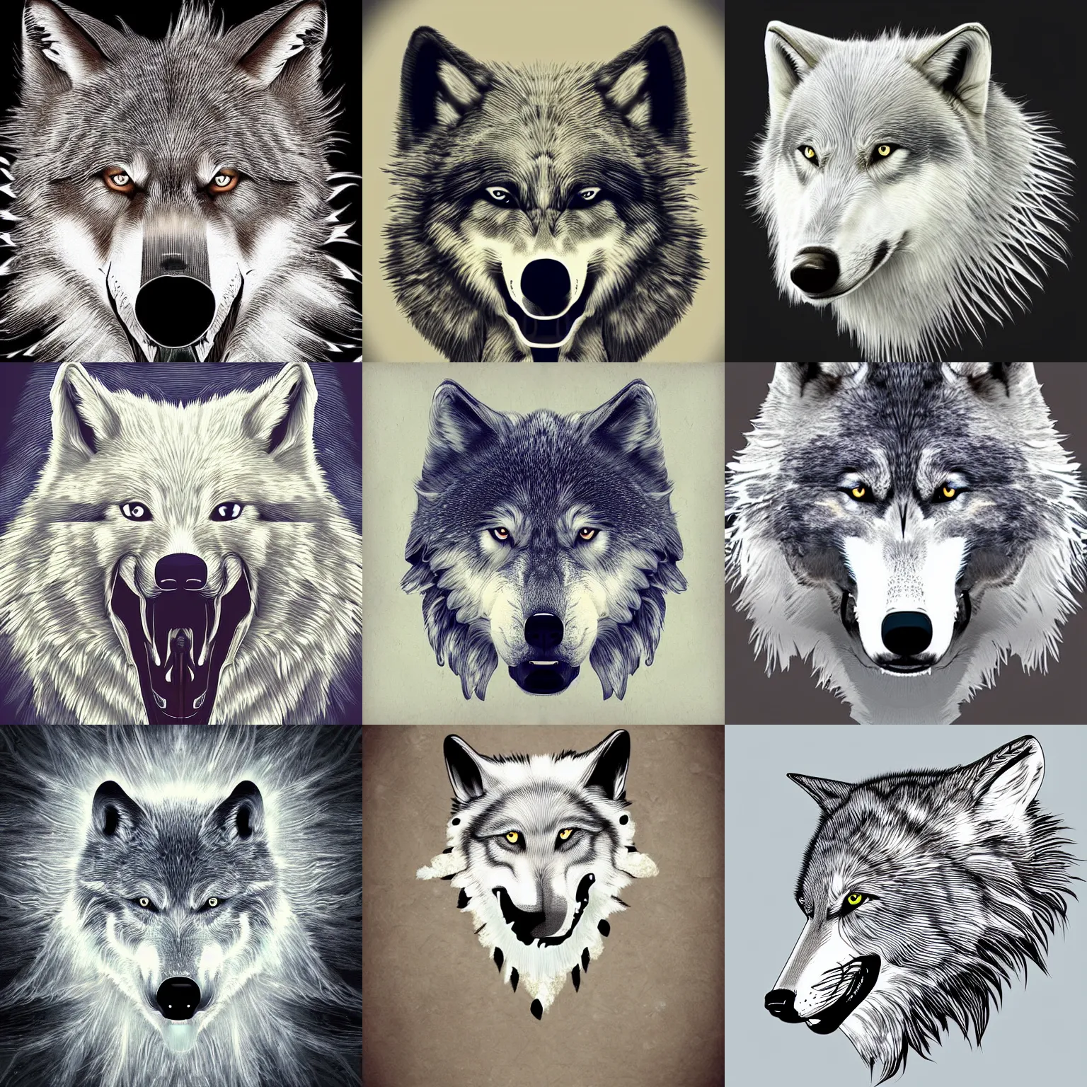 Prompt: a cool aggressive wolf head artwork digital illustration made of ivory feathers and lace