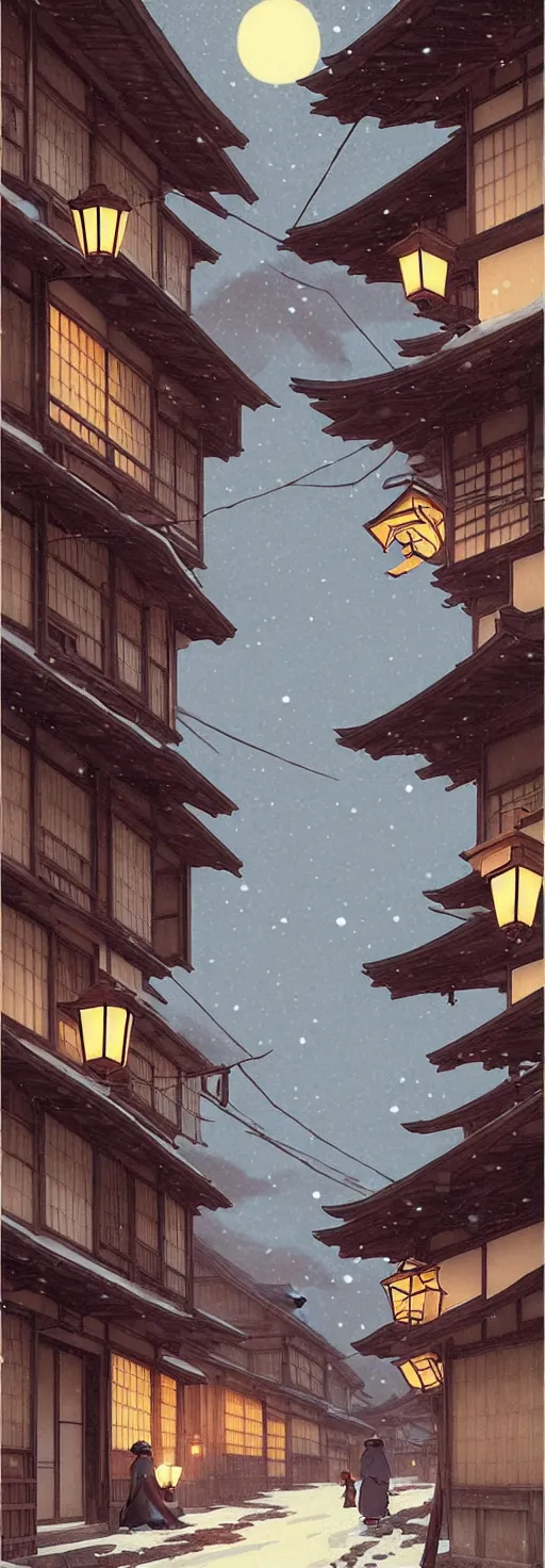 Image similar to empty rural japanese town at night, winter, in the style of studio ghibli, j. c. leyendecker, greg rutkowski, artem