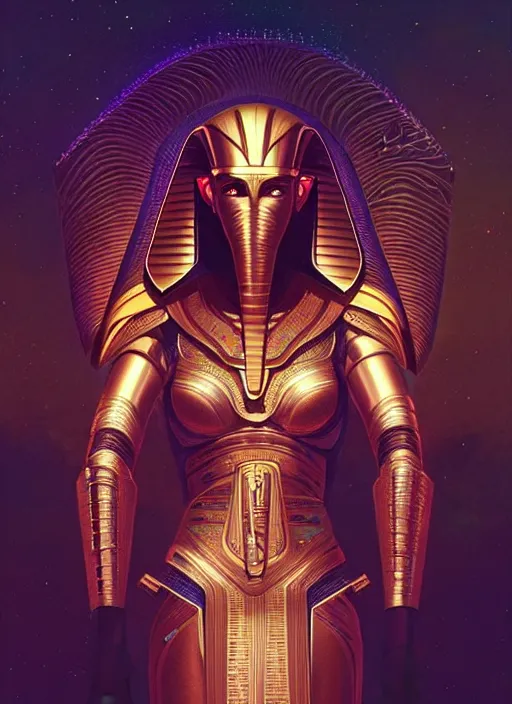 Image similar to Profile!! portrait of an egyptian god, sci-fi armour, tech wear, glowing lights!! sci-fi, intricate, elegant, highly detailed, digital painting, artstation, concept art, smooth, sharp focus, illustration, art by artgerm and greg rutkowski and alphonse mucha