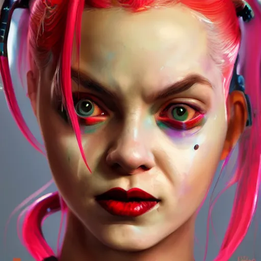 Image similar to lofi cyberounk biopunk portrait of harley quinn, au naturel, hyper detailed, digital art, trending in artstation, cinematic lighting, studio quality, smooth render, unreal engine 5 rendered, octane rendered, art style by klimt and nixeu and ian sprigger and wlop and krenz cushart