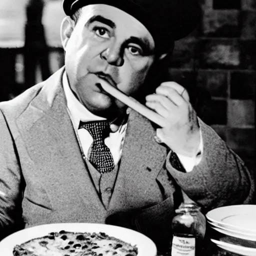 Image similar to Al Capone eating Chicago style deep dish pizza