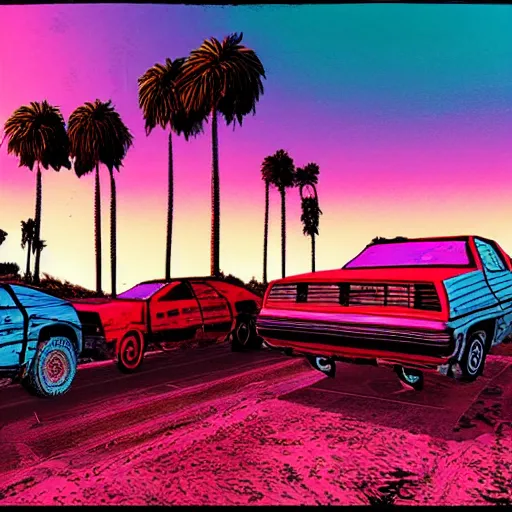 Prompt: wasteland hotline miami desert apocalypse car wide shot landscape nuke fire craters end of the world miami beach sunset palm trees 80s synth retrowave delorean decal