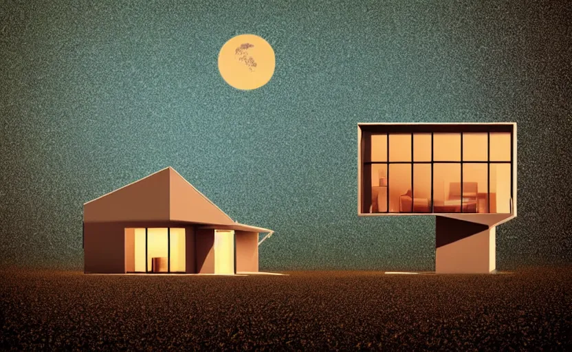 Image similar to one single stand alone huge hyperdetailed minimalist home, seen from the long distance, at night. in a wood made of paper and plastics. maximalist unexpected elements. free sky in plain natural warm tones. 8 x 1 6 k hd mixed media 3 d collage in the style of a childrenbook illustration in pastel tones. matte matte background. no frame hd