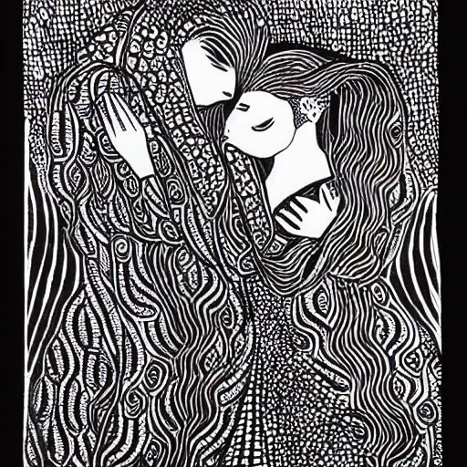 Prompt: lovers, detailed intricate block print, 4k, black ink on white paper