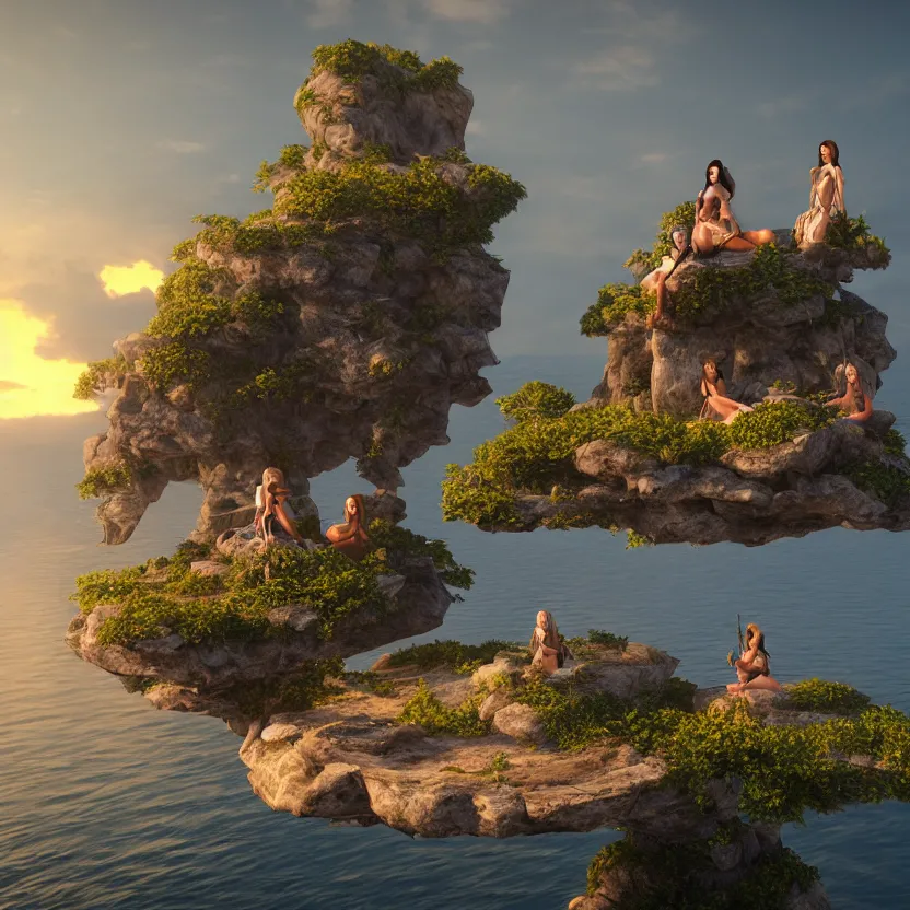 Prompt: unreal engine render, beautiful women on a floating island, detailed, cinematic, sunset, fantasy, 8 k, trending on artstation