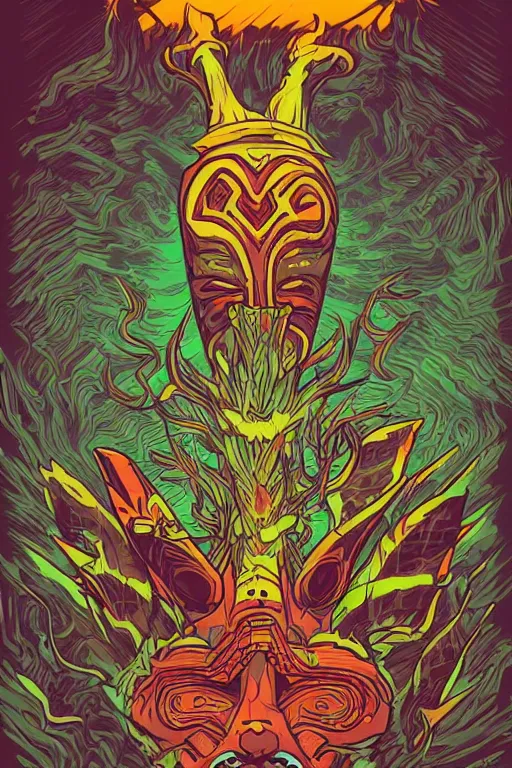 Image similar to totem animal mask tribal feather gemstone plant wood rock shaman vodoo video game vector illustration vivid multicolor borderlands comics by josan gonzales and dan mumford radiating a glowing aura