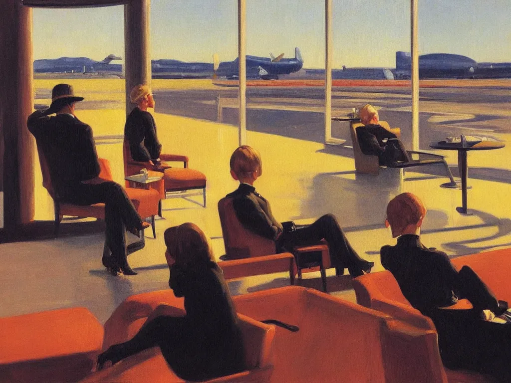 Image similar to sun setting in a airport lounge. tall, spacious, blonde woman watching landed airplane on the runway. painting by edward hopper