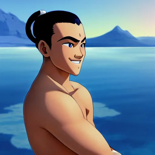 Image similar to beautiful serene intricate photograph of sokka from the water tribe as an inuit young man with light blue eyes, smiling confidently, relaxing on the beach, golden hour, soft focus, 8 k, art by irakli nadar, hyperrealism, hyperdetailed, ultra realistic