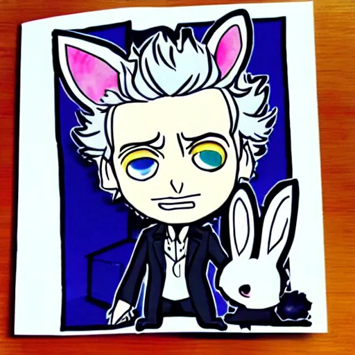 Prompt: peter capaldi, as doctor who, wearing bunny ears, location is inside the TARDIS, anime chibi,ink and Alcohol markers, trending on pixiv
