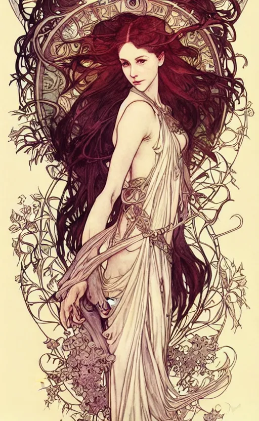 Prompt: in the style of artgerm, arthur rackham, alphonse mucha, evan rachel wood, symmetrical eyes, symmetrical face, flowing white dress, hair blowing, full body, intricate filagree, warm colors, cool offset colors