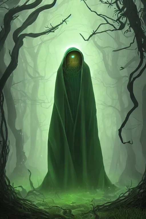 Image similar to A full body portrait of a mysterious character in a forest with no face, glowing eyes and a very long hooded dark green cloak, vines coming out the ground art by Shaddy Safadi and Jason Chan, ominous, cosmic horror, trending on artstation, Ultra detailed, hyper realistic 4k