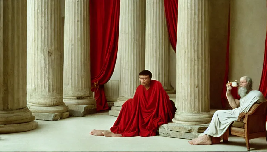 Prompt: 1 9 6 0 s movie still by tarkovsky of socrates drinking hemlock in a bowl in a bed with red drapery in a neoclassical room with columns, cinestill 8 0 0 t 3 5 mm, high quality, heavy grain, high detail, panoramic, cinematic composition, dramatic light, ultra wide lens, anamorphic, flares