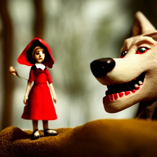 Image similar to a cinematic film still of a claymation stop motion film starring emma watson as little red riding hood, looking at realistic wolf, shallow depth of field, 8 0 mm, f 1. 8