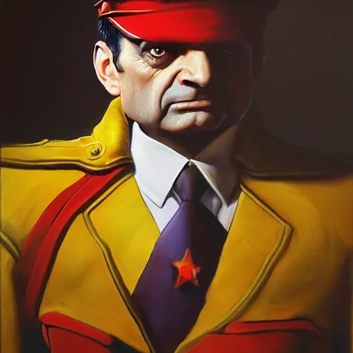 Image similar to ultra realistic portrait painting of mr bean as m. bison from street fighter, art by frank frazetta, 4 k, ultra realistic, highly detailed, epic lighting