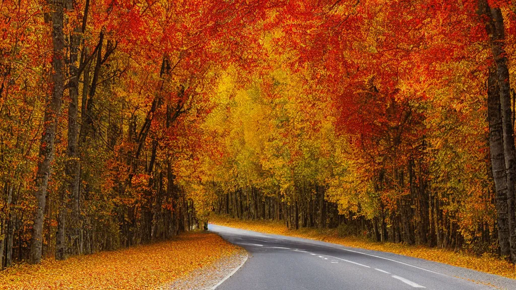 Prompt: a photograph of a country road!!! lined on both sides by maple and poplar trees, in the autumn, red orange and yellow leaves, some leaves have fallen and are under the trees and on the road