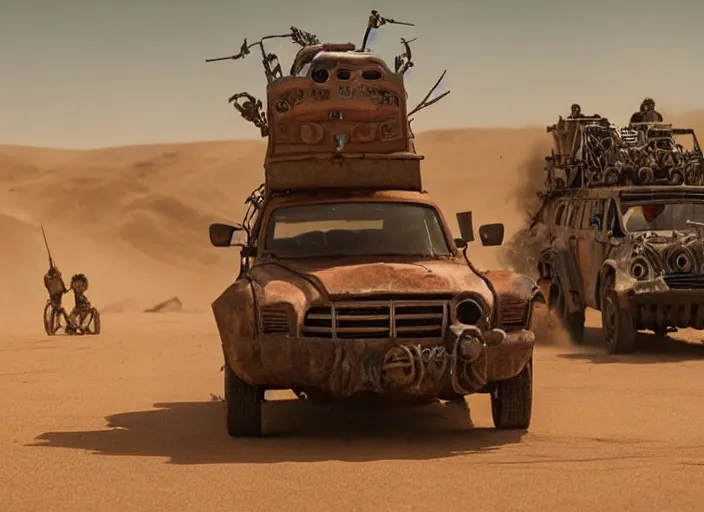 Image similar to scene from the 2015 science fiction film Muppet Mad Max: Fury Road