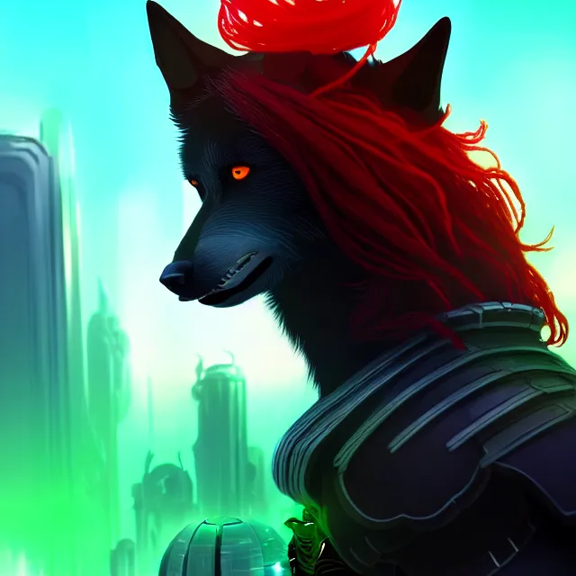 Prompt: portrait of a anthropomorphic black male wolf with long red hair wearing futuristic armor in a futuristic city | | concept art, 4 k, green color scheme, volumetric lighting, highly detailed, by cory loftis trending on artstation