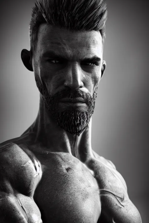 Image similar to a single muscular man wearing torn clothes, looking to the right, profile picture, hyperrealistic, concept art, octane render, unreal engine 5, trending on artstation, high quality, highly detailed, 8 k, dramatic lighting, cinematic, high coherence, anatomically correct, five fingers, digital art, seductive, black and white, big beard, epic