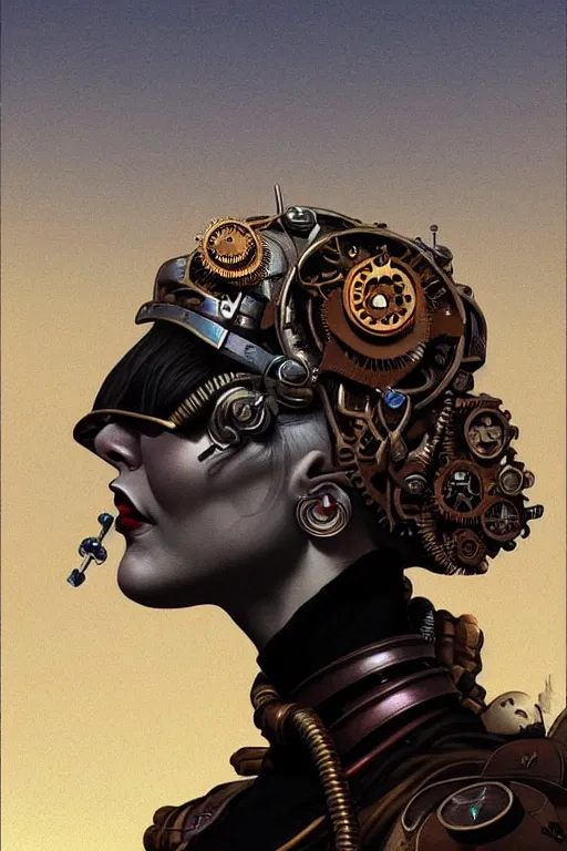 Prompt: sideview face portrait of a steampunk desert empress. by vincent di fate, james jean, dom qwek. inspired by igor goryunov andrei riabovitchev. art by paul lewin. madmax aesthetics. atmospherical, photorealistic retrofuturist concept art, trending on art station, cinematic, ultra detailed