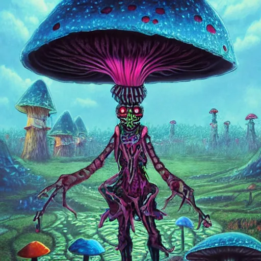 Image similar to 4 k headshot portrait of a psychedelic demonic anthropomorphic insect knight with mushroom themed clothes, magic mushroom village in background by jeff easley, award winning, stylized neon, post - processing, masterpiece, superb resolution. in the art style of junji ito and greg rutkowski. detailed mushroom city in background. hyper realistic anime. perfect art. dalle 2