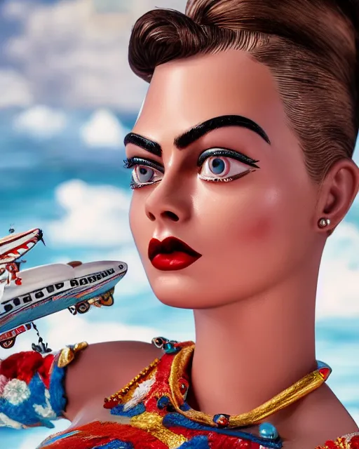 Image similar to highly detailed closeup, face profile portrait of a tin toy retro 1 9 5 0 s cara delevingne, bikini, depth of field, fashion photoshoot by max fleischer, breathtaking, detailed and intricate environment, 8 k resolution, hyperrealistic, octane render