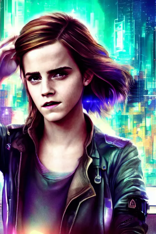Image similar to Emma Watson, head and shoulders movie poster, the background is a huge futuristic city, cyberpunk style futuristic neon lights, artstation cgsociety masterpiece highly-detailed