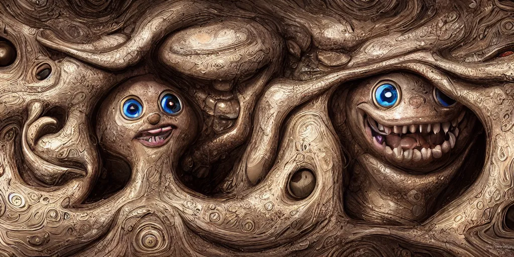 Image similar to of an intricate muddy water with strange cute friendly happy creatures with huge eyes, long tongue, round teeth and goofy funny face, appearing from the background, in the style of gehry and gaudi, macro lens, shallow depth of field, ultra detailed, digital painting, trending artstation, concept art, illustration, cinematic lighting, photorealism, epic, octane render