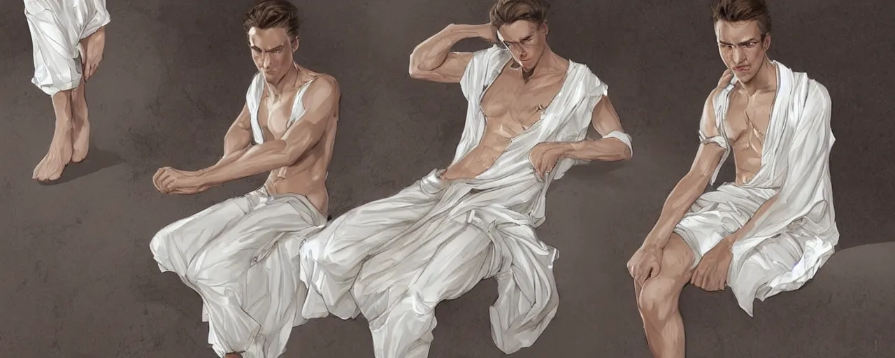 Prompt: character design, reference sheet, ancient white dress, relaxing, cute, super tale, slim, young male, happy, beautiful, elegant, no shoes, open v chest clothes, long dark hair, concept art, photorealistic, hyperdetailed, 3d rendering! , art by Leyendecker! and constable,