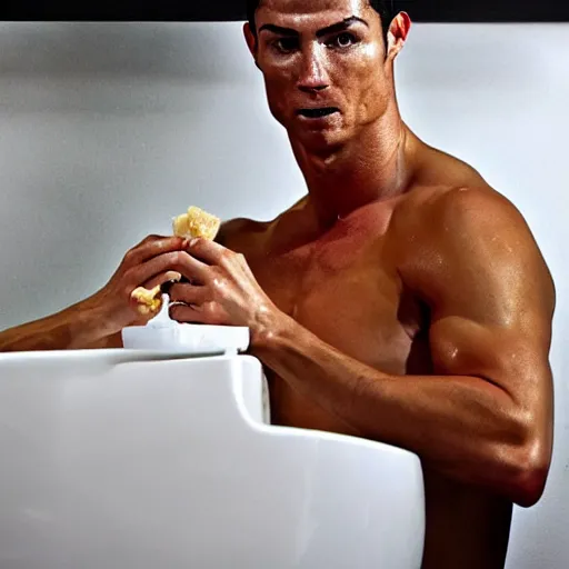 Prompt: cristiano ronaldo eating from the toilet