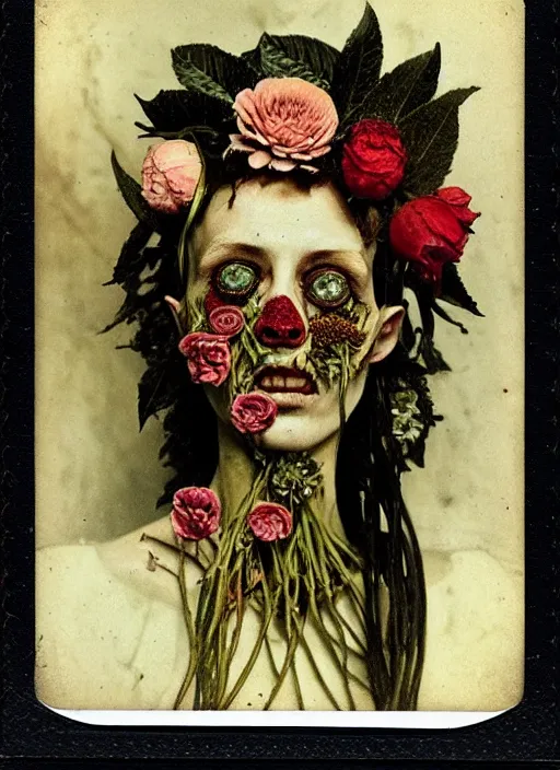 Image similar to beautiful and detailed rotten woman made of plants and many types of stylized flowers like carnation, chrysanthemum, roses and tulips, intricate, surreal, john constable, guy denning, gustave courbet, caravaggio, romero ressendi 1 9 1 0 polaroid photo