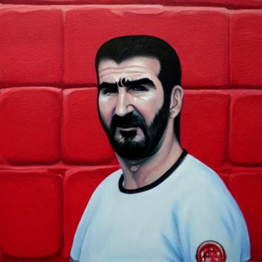 Image similar to a painting of Eric Cantona, in front of a red wall, dripping.