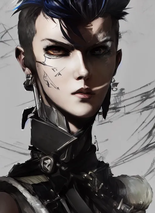 Image similar to Half body portrait of young woman with short silver hair and pirate attire. In style of Yoji Shinkawa and Hyung-tae Kim, trending on ArtStation, dark fantasy, great composition, concept art, highly detailed, dynamic pose.