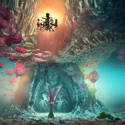 Image similar to an intricate photograph of an underwater cathedral at the bottom of the ocean surrounded by mermaids by david lachapelle, dark and scary abyssal ambient, photorealistic, octane render, unreal engine, 4 k, smooth lighting, subaquatic photography,