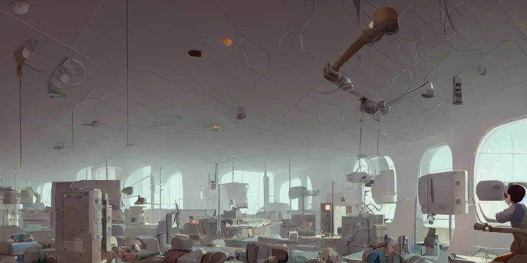 Image similar to interior of a cancer treatment center designed by Goro Fujita and Simon Stalenhag , 8k, trending on artstation, hyper detailed, cinematic
