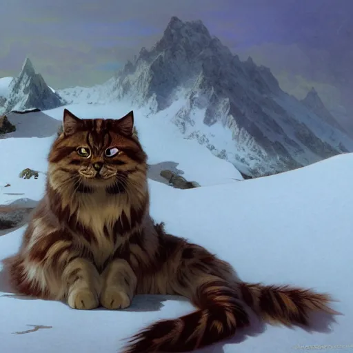 Prompt: Concept art, A shiny Siberian cat sitting by snow mountains, 8k, alphonse mucha, james gurney, greg rutkowski, john howe, artstation