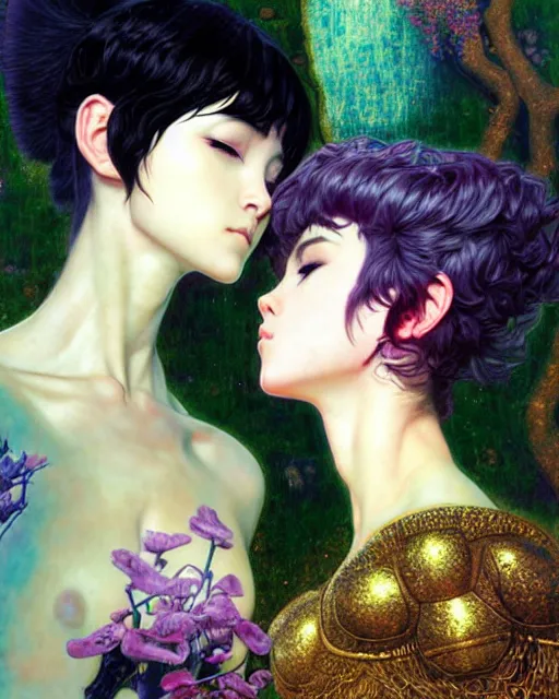 Prompt: portrait of two beautiful cute young maiden girls with short white hairs in warhammer armor kissing, art by ( ( ( kuvshinov ilya ) ) ) and wayne barlowe and gustav klimt and artgerm and wlop