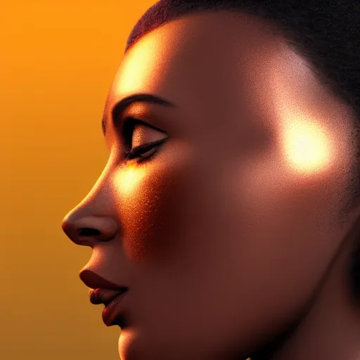 Image similar to side profile portrait of an african american woman with an orange glow on her face medieval metallic knight armor, artstation, cgsociety, masterpiece, dark fantasy