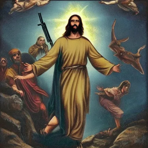 Image similar to jesus with guns killing demons