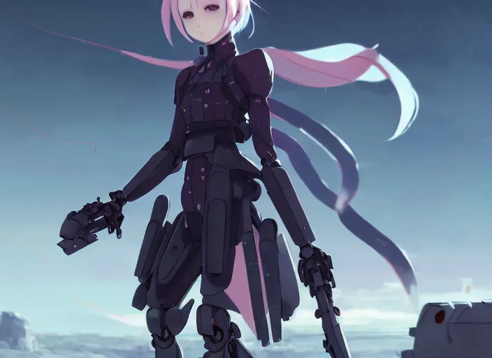 Image similar to homura akemi in mechanical exoskeleton resembling a su - 1 0 2, battlefield landscape, illustration concept art anime key visual trending pixiv fanbox by wlop and greg rutkowski and makoto shinkai and studio ghibli and kyoto animation, soldier clothing, grimdark, volumetric lighting