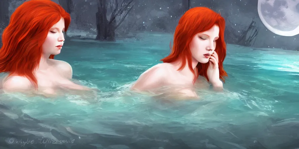 Image similar to redhead beautiful girl bathing in a river, illustration, night moonlight, digital art, oil painting, fantasy, 8 k, trending on artstation, detailed