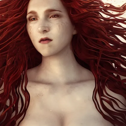 Image similar to a portrait of woman with long dark curly red hair under the water, stoic, windy, pale skin with dark scales, mermaid, alone, underwater, fish, white eyes, dramatic, epic painting, painting by wlop and nixeu, semirealism, artstation, octane render, sharpness, 8 k, golden ratio