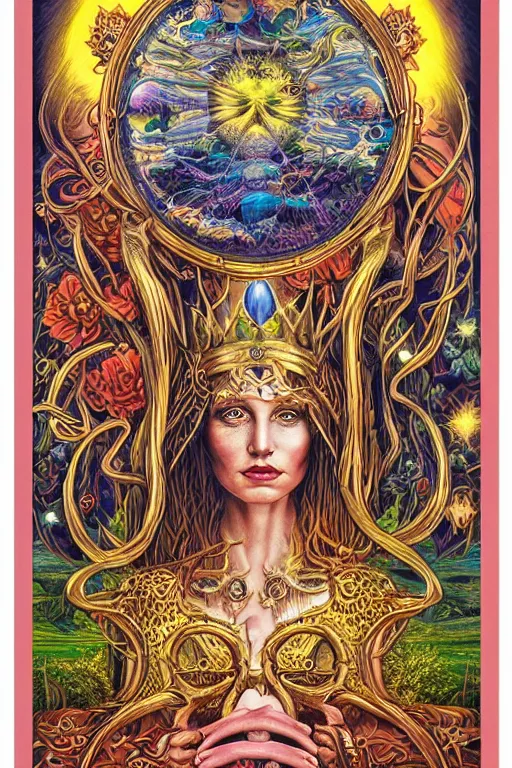 Prompt: beautiful tarot card of the queen of dreams by carol bak and jacek yerka and dan mumford and alex gray, oil on canvas, intricate border, symmetrical, 8k highly professionally detailed, HDR, CGsociety