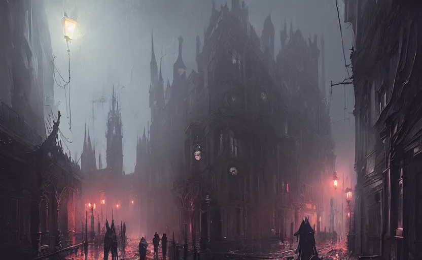 Image similar to Victorian city streets night, bloodborne, Greg Rutkowski, digital art, artstation