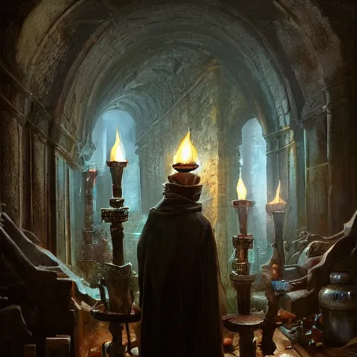 Image similar to epic masterpiece of cinematographic hyperrealism where an archeologist finds a goblet of immortality in a dark crypt. torches realistic shaded lighting poster by craig mallismo, artgerm, jeremy lipkin and michael garmash, unreal engine, detailed and intricate environment, digital art, art station trends, horror, matte