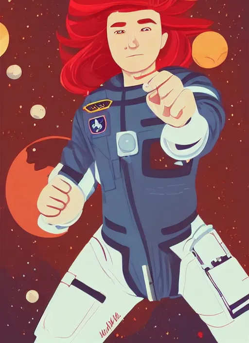 Image similar to a handsome man with red hair floating in space. he is an astronaut, wearing a space suit. clean cel shaded vector art. shutterstock. behance hd by lois van baarle, artgerm, helen huang, by makoto shinkai and ilya kuvshinov, rossdraws, illustration, art by ilya kuvshinov