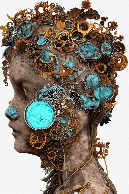 Prompt: complex 3d render ultra detailed of a beautiful dark dirty cracked porcelain old woman face, rusty biomechanical cyborg, analog, 150 mm lens, beautiful natural soft rim light, big leaves and stems, roots, fine foliage lace, turquoise gold details, Alexander Mcqueen high fashion haute couture, art nouveau fashion embroidered, steampunk, intricate details, mesh wire, mandelbrot fractal, anatomical, facial muscles, cable wires, microchip, elegant, hyper realistic, dark flower pattern background, ultra detailed, octane render, volumetric lighting, 8k post-production