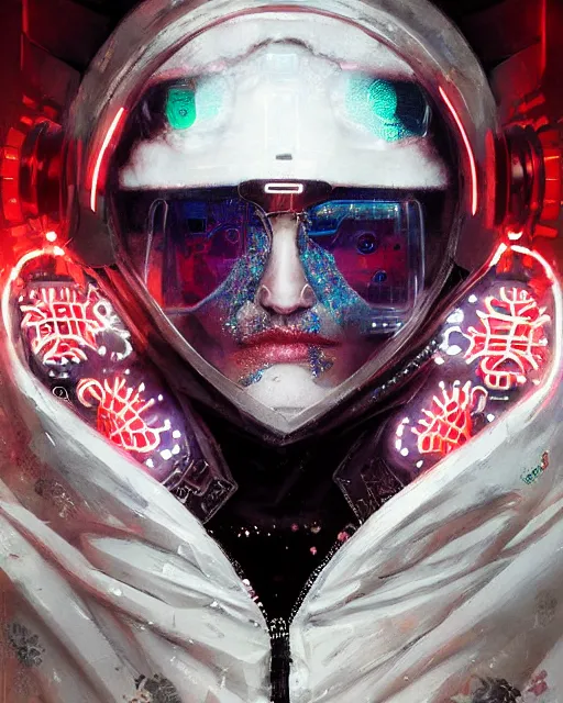 Prompt: detailed portrait ghost, cyberpunk futuristic neon, reflective puffy coat, decorated with traditional japanese ornaments by ismail inceoglu dragan bibin hans thoma greg rutkowski alexandros pyromallis nekro rene maritte illustrated, perfect face, fine details, realistic shaded, fine - face, pretty face