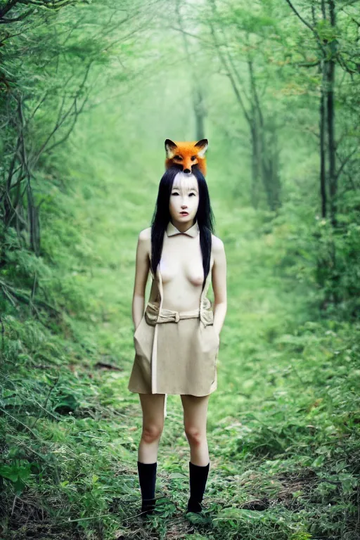 Prompt: foxgirl in the wild nature, dressed, symmetry, cinematic, elegant, luxury, perfect light, perfect composition, dlsr photography, sharp focus, 4 k, ultra hd, sense of awe, araki nobuyoshi artstyle