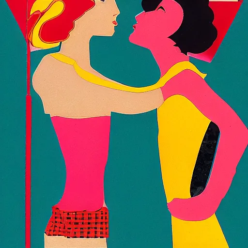 Image similar to two women kissing at a carnival, mixed media collage from 7 0 s, retro, lowfi, magazine collage