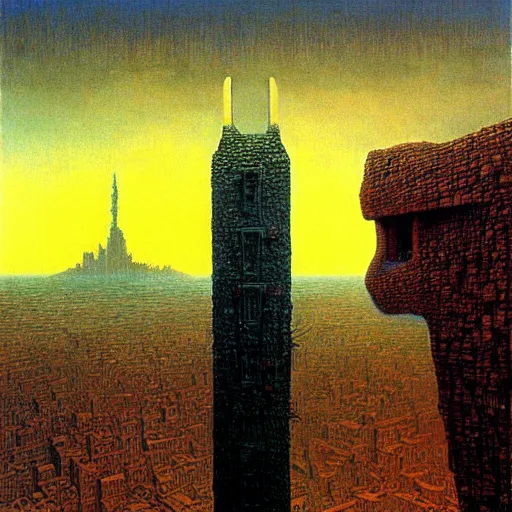 Prompt: a giant rabbit stands over a city painting by beksinski, by larry elmore, dali colors. masterpiece painting